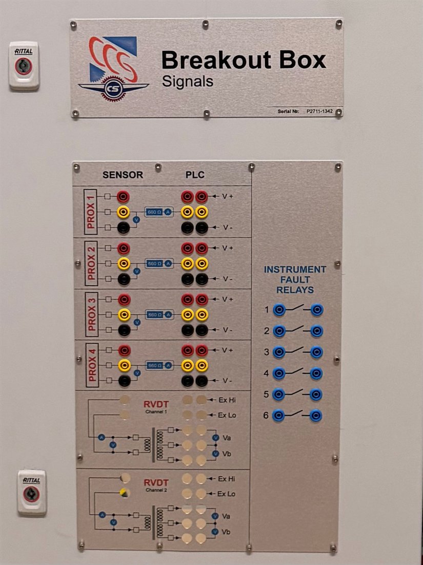 Break-out box signals panel showing sensor to PLC connections and instrument fault relays