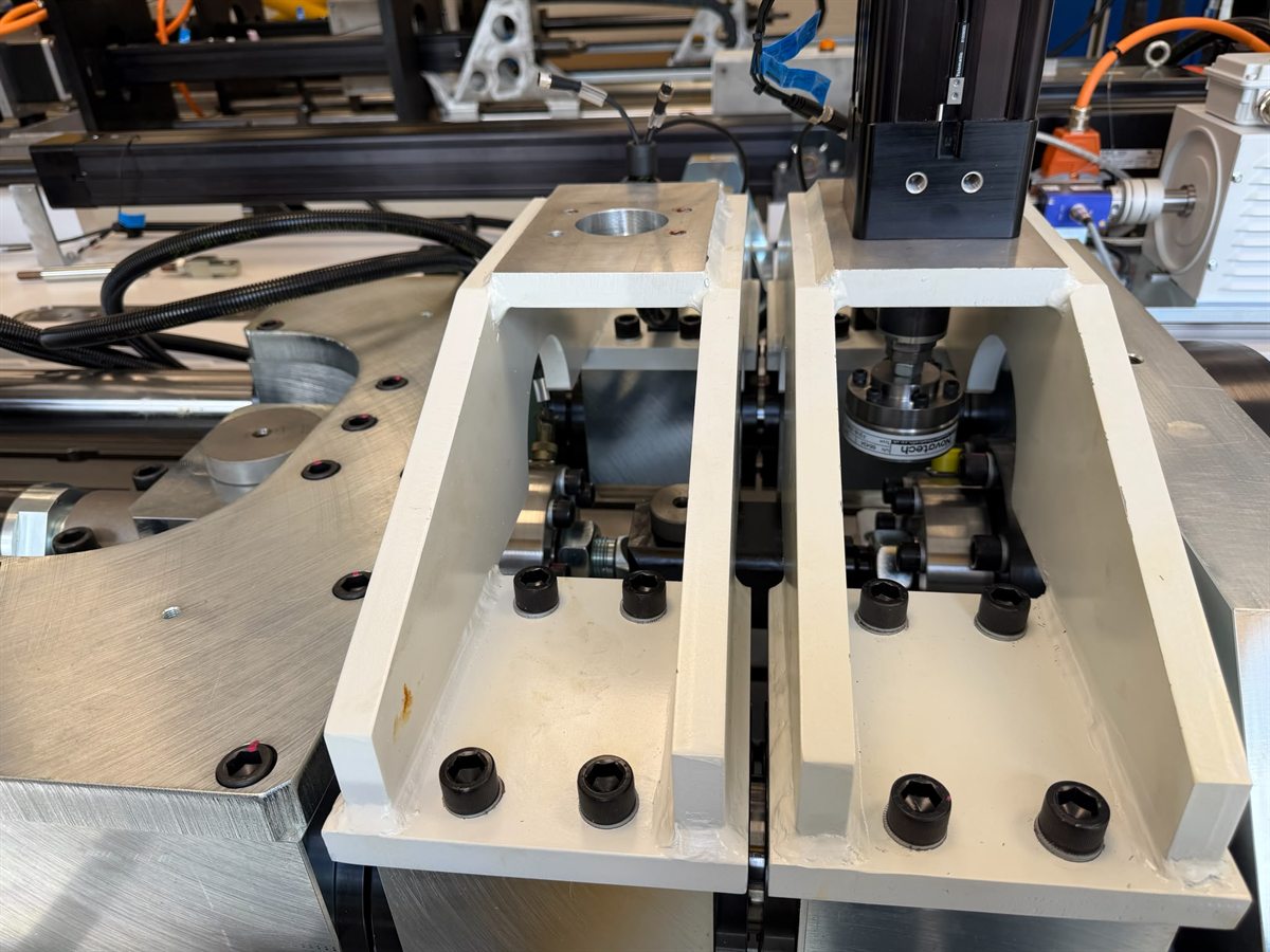 Detail of a test fixture with load frames and instrumentation
